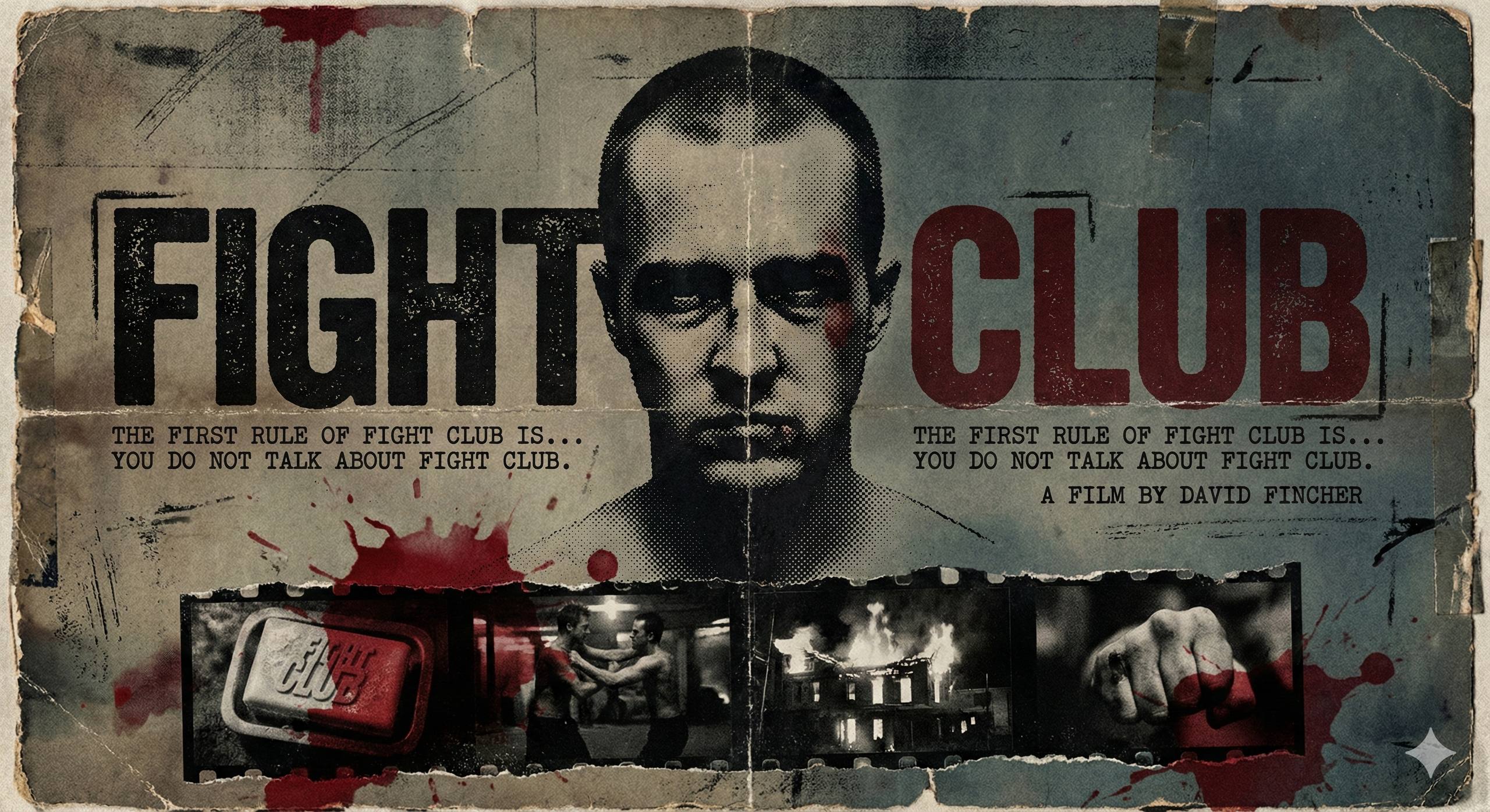 Design a vintage bootleg-style movie poster for “Fight Club”. The color palette is dark, discolored shades of gray, blue, and brown, creating a sense of decadence and cynicism, but with bright splashes of red, symbolizing violence, passion, and rebellion.
Visual Style: A gritty, lo-fi aesthetic mimicking a xeroxed zine or a risograph print. The main subject is rendered with a heavy halftone dot pattern and high-threshold contrast.
Composition:
Center: A large, intense close-up portrait or cut-out of the main protagonist, stylized with stippled shading.
Typography: Massive, condensed, bold fonts used for the title. The text should look distressed or stamped. Include smaller secondary text in a "typewriter" or "evidence file" font.
Details: Add graphic elements like film-strip panels showing iconic scenes at the bottom or side. Use uneven, torn-paper edges for image borders.
Texture Overlay: Apply a heavy texture of folded paper creases, worn edges, photocopy noise, and ink bleed to make the poster look like a physical object found in the 80s or 90s.