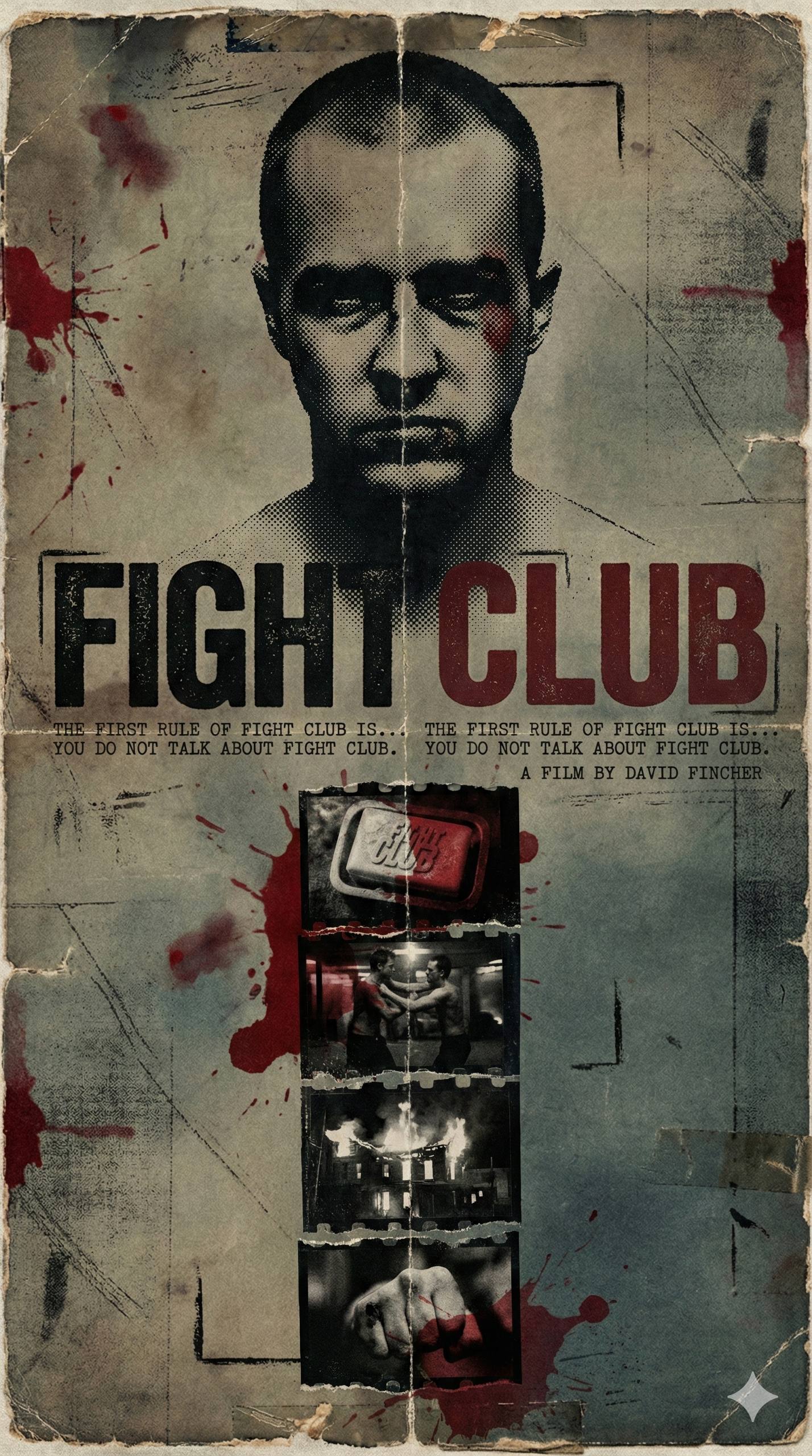 Design a vintage bootleg-style movie poster for “Fight Club”. The color palette is dark, discolored shades of gray, blue, and brown, creating a sense of decadence and cynicism, but with bright splashes of red, symbolizing violence, passion, and rebellion.
Visual Style: A gritty, lo-fi aesthetic mimicking a xeroxed zine or a risograph print. The main subject is rendered with a heavy halftone dot pattern and high-threshold contrast.
Composition:
Center: A large, intense close-up portrait or cut-out of the main protagonist, stylized with stippled shading.
Typography: Massive, condensed, bold fonts used for the title. The text should look distressed or stamped. Include smaller secondary text in a "typewriter" or "evidence file" font.
Details: Add graphic elements like film-strip panels showing iconic scenes at the bottom or side. Use uneven, torn-paper edges for image borders.
Texture Overlay: Apply a heavy texture of folded paper creases, worn edges, photocopy noise, and ink bleed to make the poster look like a physical object found in the 80s or 90s.