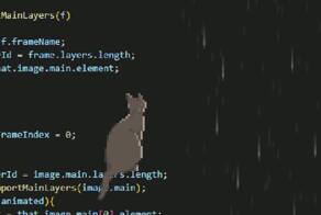Кот смотрит на дождь и сидит на коде, которым это всё нарисовано⁠⁠