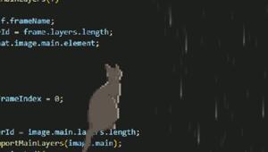 Кот смотрит на дождь и сидит на коде, которым это всё нарисовано⁠⁠