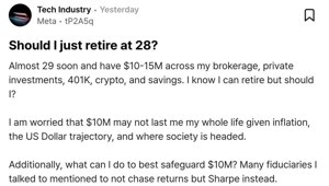 Айтишник из Meta* накопил $10 млн к 28 годам и задумывается уйти на пенсию