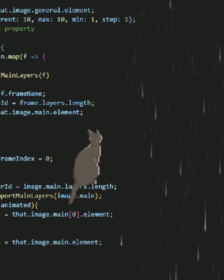 Кот смотрит на дождь и сидит на коде, которым это всё нарисовано⁠⁠