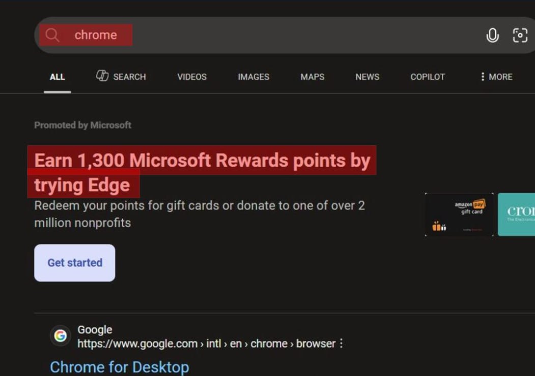 Microsoft платит юзерам "взятку" в $1, чтобы они не ставили Google Chrome — если в поиске вбить «chrome», то дадут по 1'300 баллов (эквивалент ₽110)