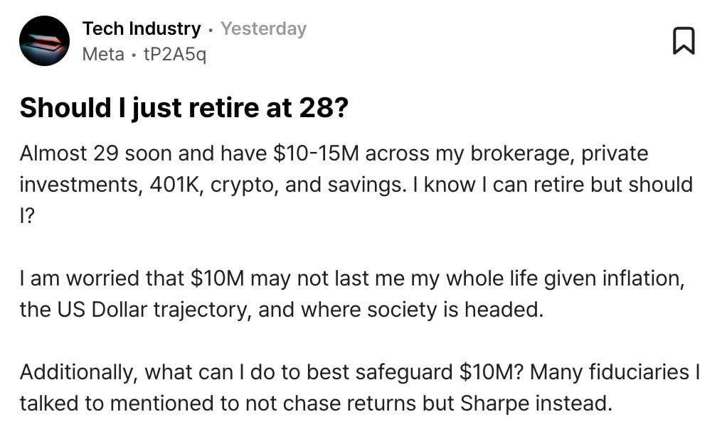 Айтишник из Meta* накопил $10 млн к 28 годам и задумывается уйти на пенсию